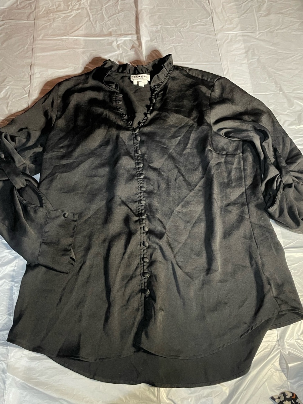 EXPRESS Portofino BUTTON DOWN BLACK SHIRT BLOUSE slim large 3/4 sleeve satin